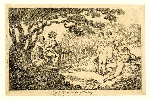 Print. Two men find three nearly nude women presenting their pudenda in a forest setting in this etching.