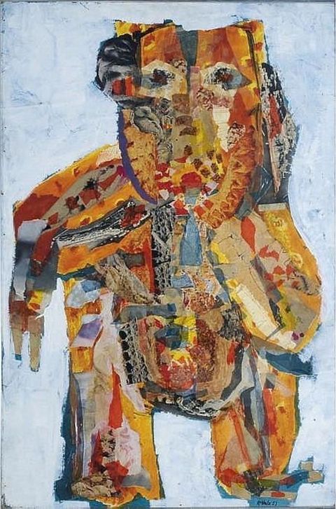 Collage. Pieces of mostly yellow, orange, red, and slate-blue paper are collaged into an abstracted human form that takes up this vertical composition. The background appears to be white painted over teal blue.